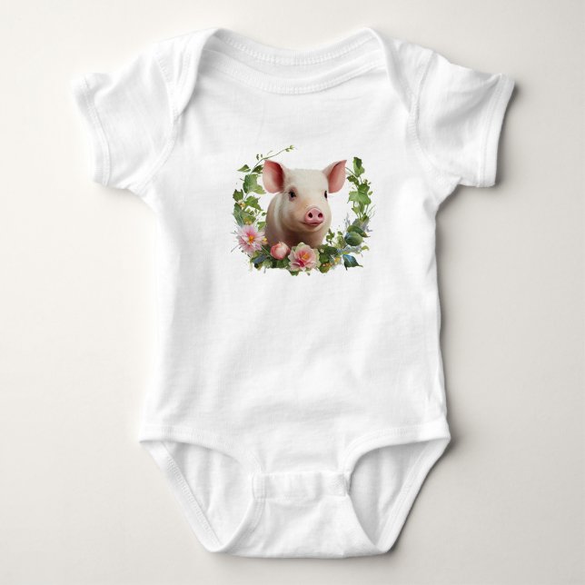 Body Para Bebê Watercolor Baby Pig (Piglet) Flower Wreath (Frente)