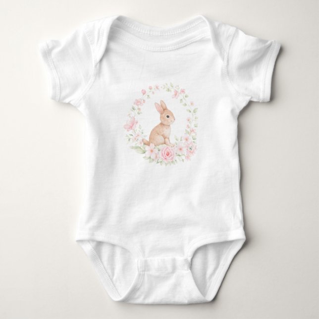 Body Para Bebê Watercolor Bunny Rabbit Floral Wreath (Frente)