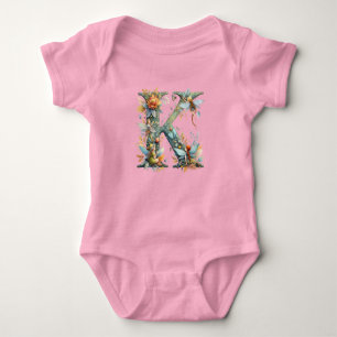 Body Para Bebê Watercolor Greenery Fairies Monograma - Letra K