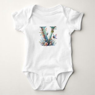 Body Para Bebê Watercolor Greenery Fairies Monograma - Letra V
