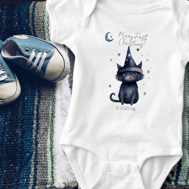 Body Para Bebê Whimcolor Watercolor Black Cat Blue Natal (Cute Magical Wizard Black Cat Watercolor Christmas Baby Bodysuit )