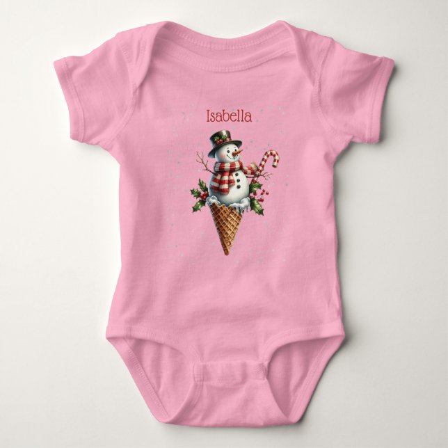Body Para Bebê Whimsical Personalized Snowman with Candy Cane (Frente)