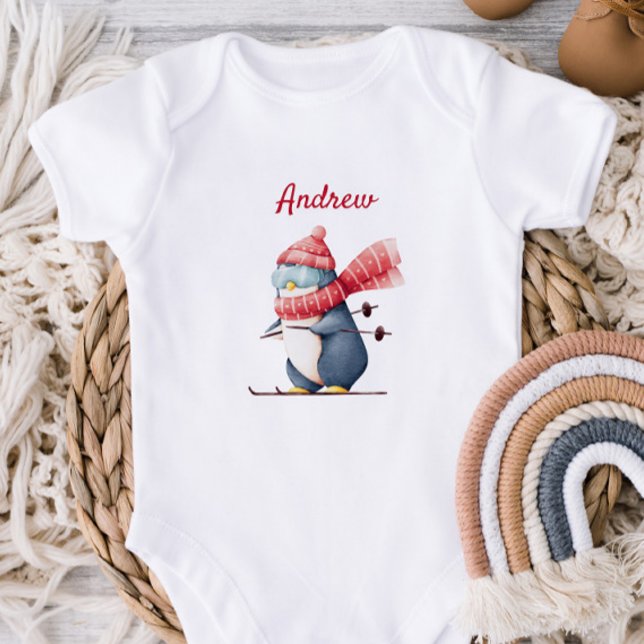 Body Para Bebê Whimsical Ski Penguin Baby Bodysuit (Criador carregado)