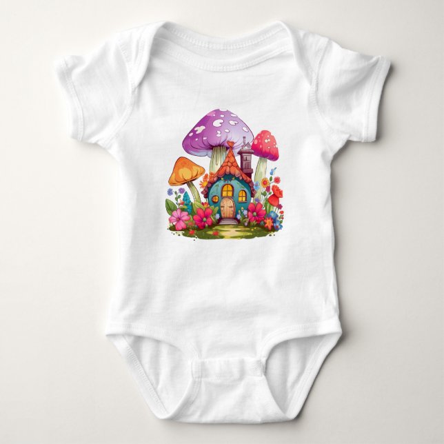 Body Para Bebê Whimsy Wonderland Mushroom House Bebê Bodô (Frente)