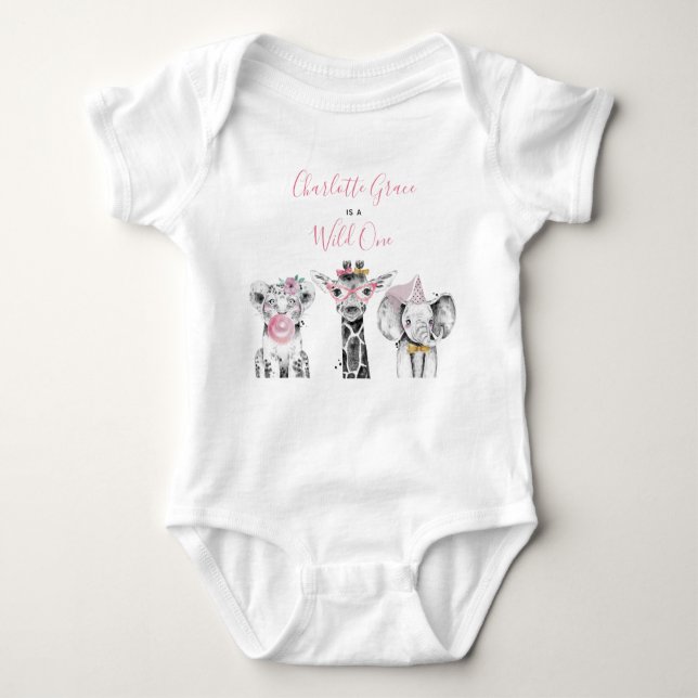 Body Para Bebê Wild One Animal Safari Black White Pink Aniversári (Frente)