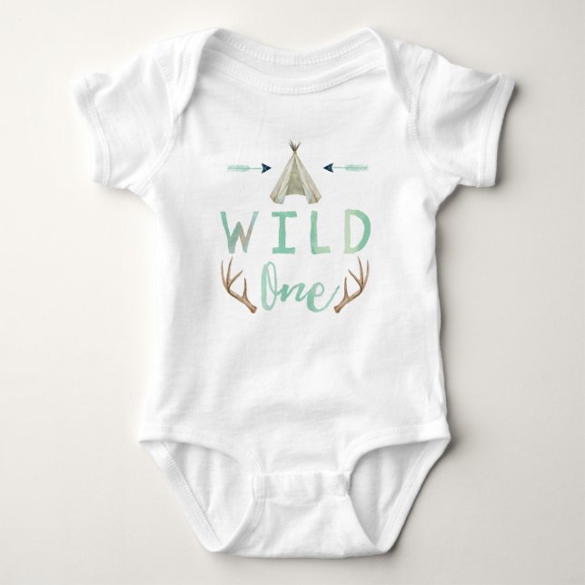 Body Para Bebê Wild One Tribal Teepee Blue Baby Boy (Frente)