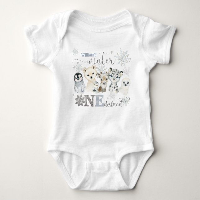 Body Para Bebê Winter Onederland Arctic Animals Blue 1st Birthday (Frente)