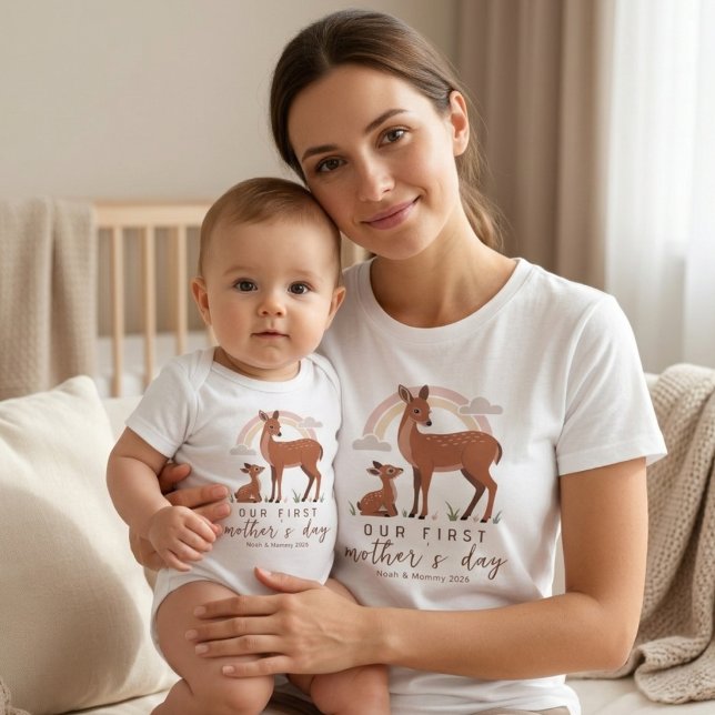 Body Para Bebê Woodland Deer Baby Mom Love First Mothers Day Art (Criador carregado)