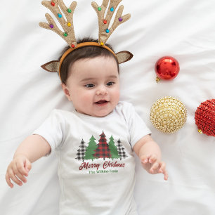 Body Para Bebê Xadrez Vermelha Rústica Árvores de Natal Feliz Per