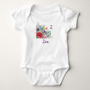 Body Para Bebê Z Zoe Personalizar Nome Inicial, Flores de Rosa