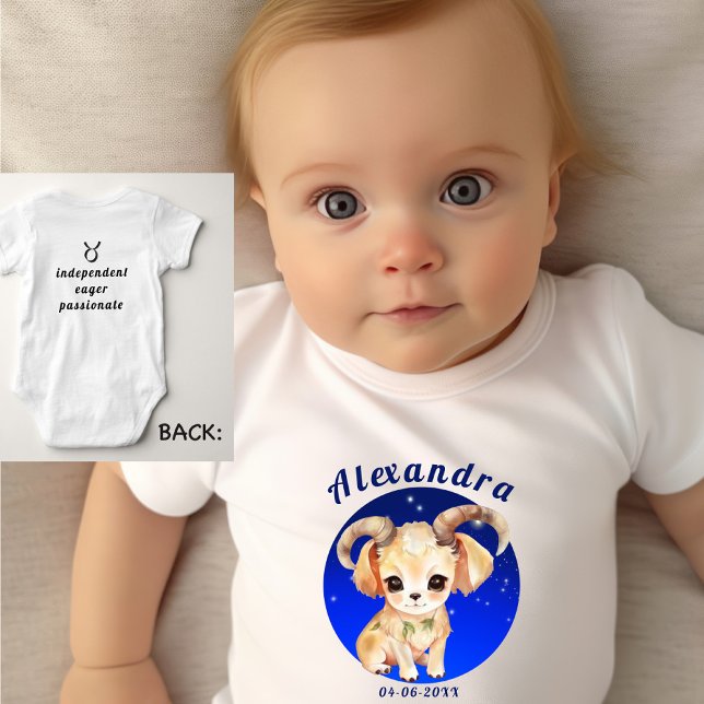 Body Para Bebê Zodiac Aries Nome Birthdate Traços frontais (Criador carregado)