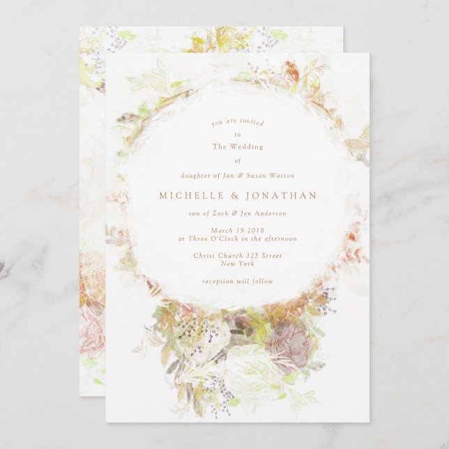 Boêmian Autumn Green Flowers Convite para Casament (Frente/Verso)