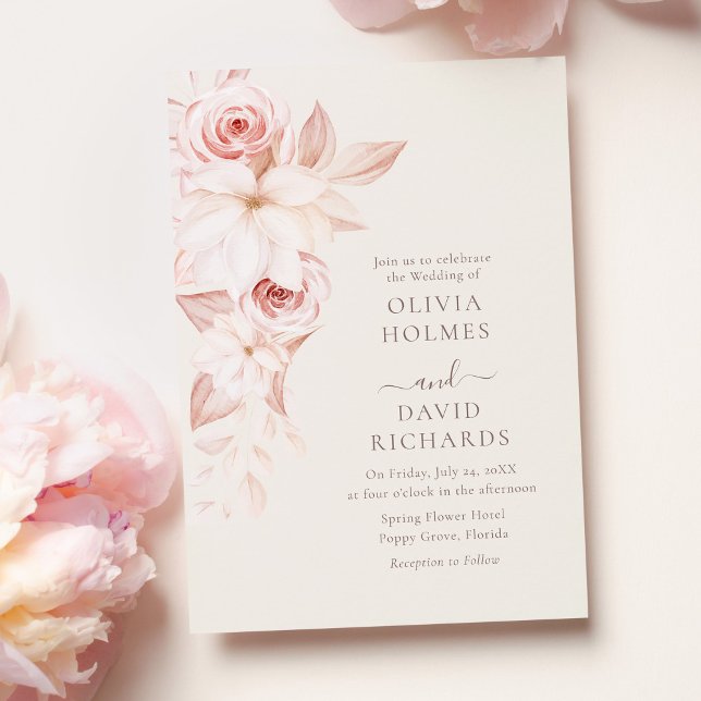 Bohemian Beige and Pink Roses Wedes Convite (Bohemian Beige and Pink Roses Wedding Invitation on pastel pink table with pink roses.)
