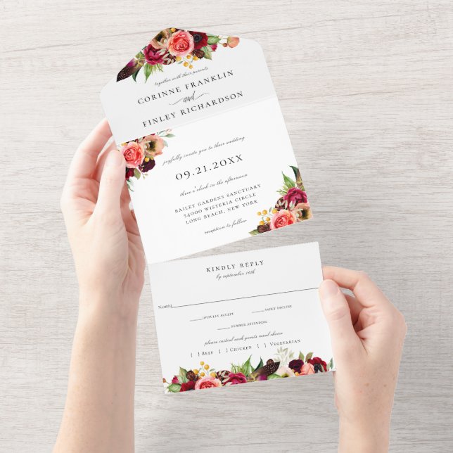 Bohemian Blooms Casando Tudo Em Um Convite (Aba destacável)