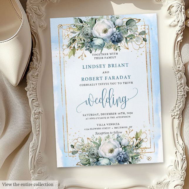 Bohemian Dusty Blue Peonies Dourado Convite (Bohemian Dusty Blue White Gold Peonies Invitation)