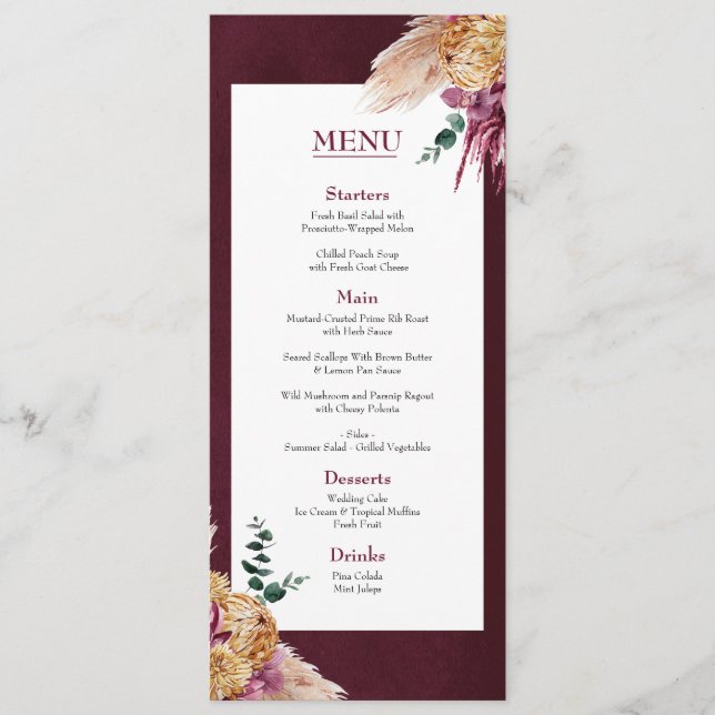 Bohemian Fall Burgundy Floral Wedding Menu Flat (Frente)