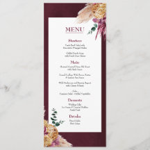 Bohemian Fall Burgundy Floral Wedding Menu Flat