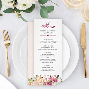 Bohemian Floral Feather Classy Boho Menu Casamento