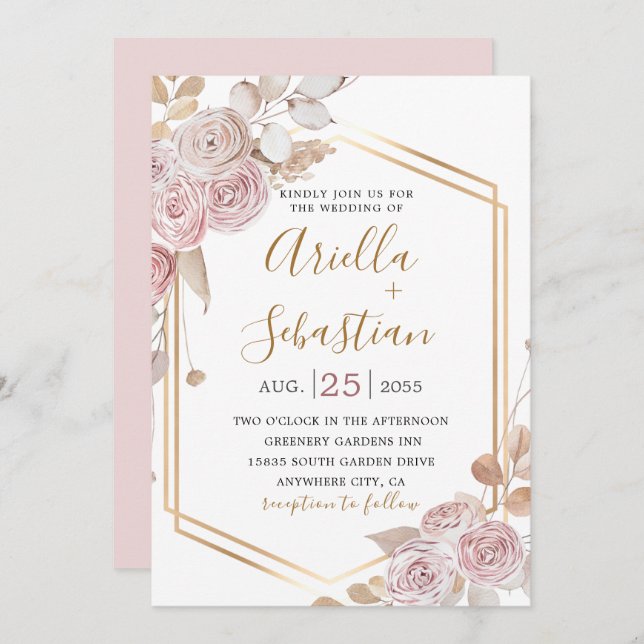 Bohemian Floral, Rosas Rosa, Dourado Convite (Frente/Verso)