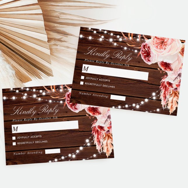 Bohemian Rosa Rustic Wood Weding RSVP (Criador carregado)