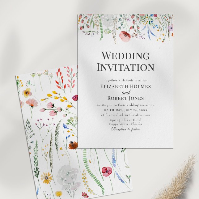 Bohemian Watercolor Convite de casamento (Bohemian Watercolor Wildflower Wedding Invite on a white table.)