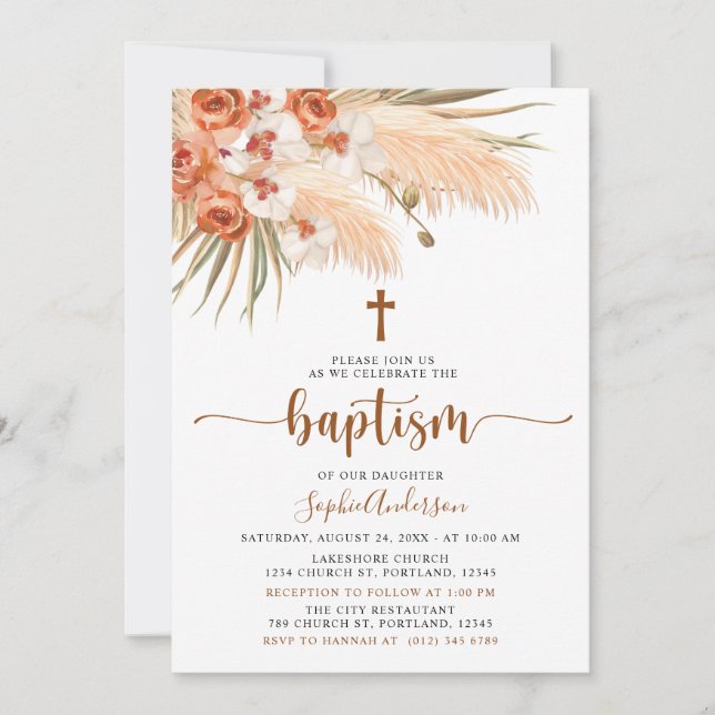 Bohian Boho Pampas Grass Baptism Convite (Frente)