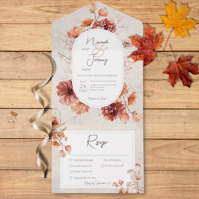 Boho Afetado Cream Fall Floral Três Jantas (Boho Distressed Cream Fall Floral Three Dinner All In One Invitation)