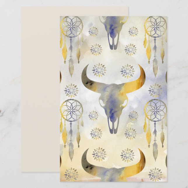 Boho aquarela abstrato vintage touro fundo (Frente/Verso)