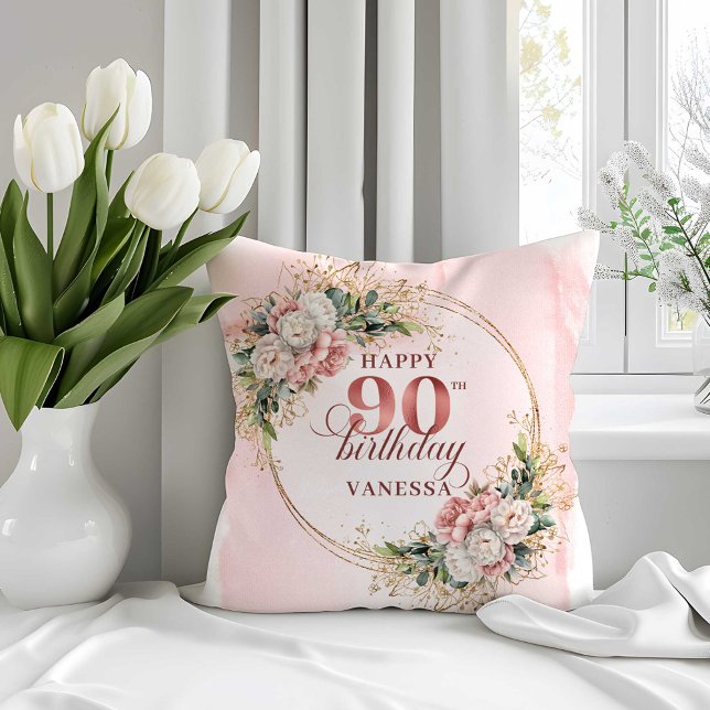 Boho Aquarela Floral Almofada de 90º Aniversário (Boho Watercolor Floral 90th Birthday Pillow)