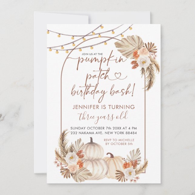 Boho Autumn Pumpkin Patch Birthday Bash Convite (Frente)