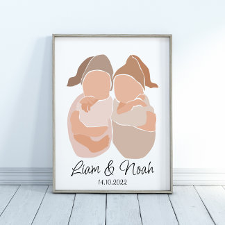 Boho Baby Twin Boys Name Nursery Poster