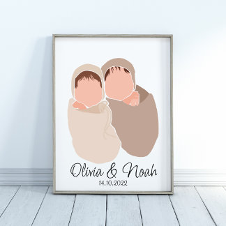 Boho Baby Twins Girl&Boy Name Nursert Poster