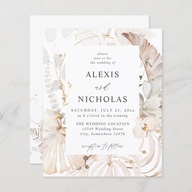 Boho Beach Tropical Beige Floral Casamento (Frente/Verso)