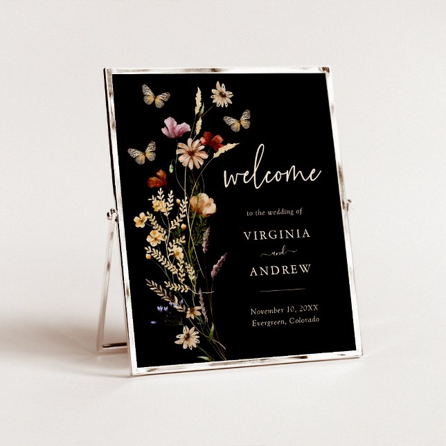 Boho Black Welcome Poster (Boho Black Floral Welcome Wedding Poster by Painted Paperie
)