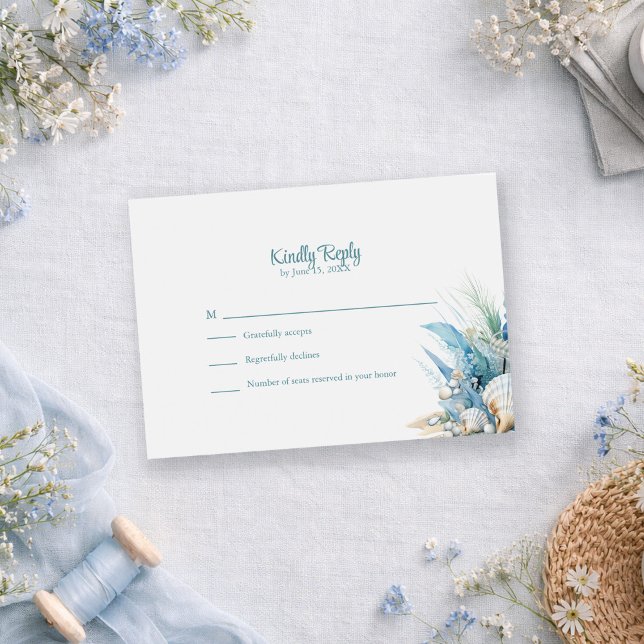 Boho Blue Floral Beach and Shell Wedding RSVP Card (Boho Blue Floral Beach and Shell Wedding RSVP Card on a romantic table with dusty blue flowers)