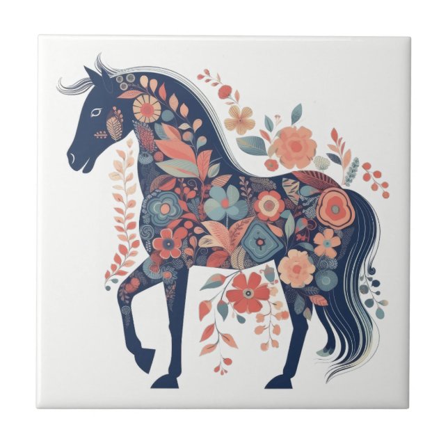 Boho Blue Floral Horse Scandinavian Folart (Frente)