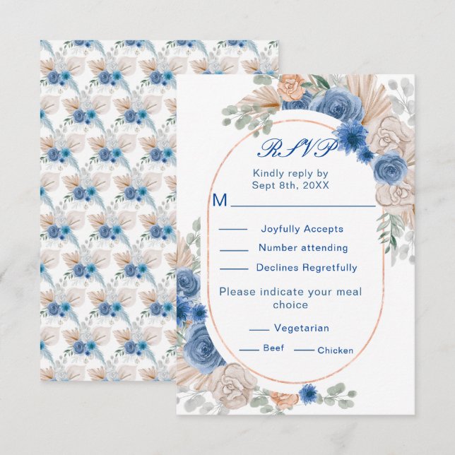 Boho Blue Pampas Grass Weding RSVP (Frente/Verso)