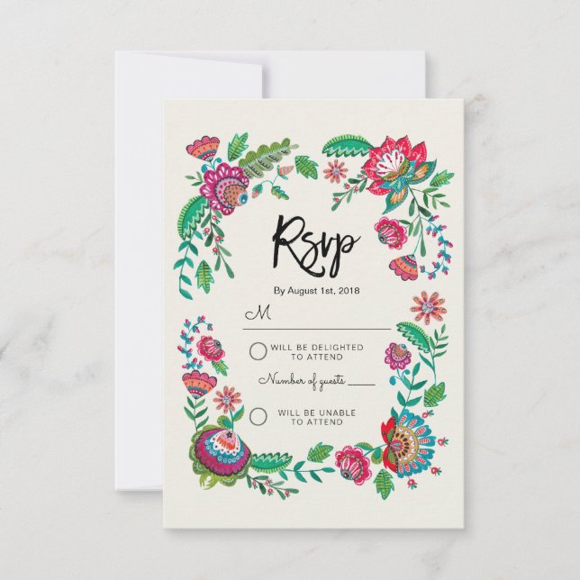 Boho Blue Stripe Folk Flowers | Resposta Casamento (Frente)