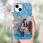Boho Blue Watercolor Impressão | Foto Monograma<br><div class="desc">Capa de telefone monograma personalizada com um padrão de ikat de cor aquosa boho em cores azul e branca. Personalize-o com as iniciais de monograma empilhadas ou outro texto num bloco de cores de marinho. Use as ferramentas de design para adicionar sua foto personalizada e editar as fontes de texto...</div>
