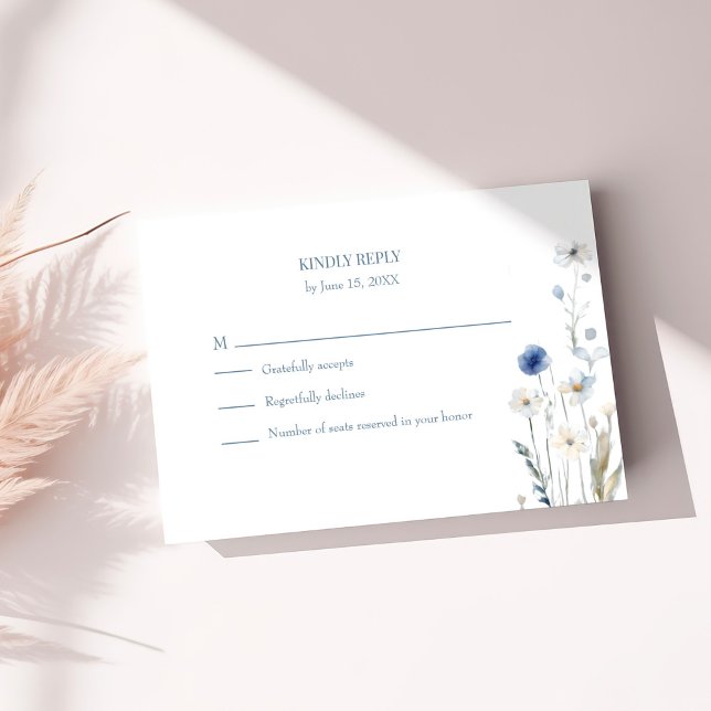 Boho Blue Watercolor Wildflowers Wedding RSVP Card (Boho Blue Watercolor Wildflowers Wedding RSVP Card on a sunny table with dry botanicals)