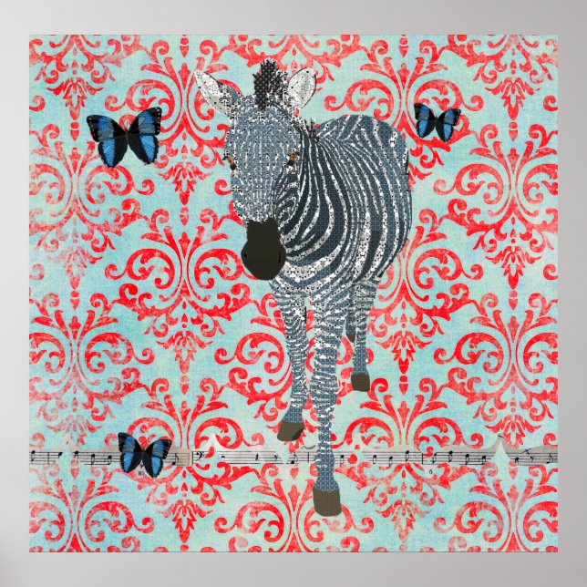 Boho Blue Zebra & Butterflies Damask Poster (Frente)