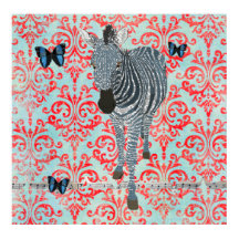 Boho Blue Zebra & Butterflies Damask Poster