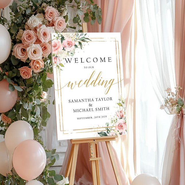 Boho blush cor-de-rosa poster de boas-vindas ao ca (Boho blush pink floral wedding welcome poster sign)