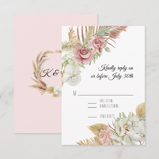 BOHO Blush Floral Pampas Grass Palm Foliage RSVP (Frente/Verso)
