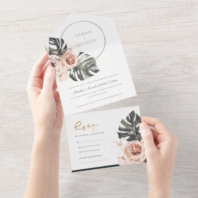 BOHO BLUSH FLORAL WREATH MONSTRERA LEAF WEDDING AL (Aba destacável)