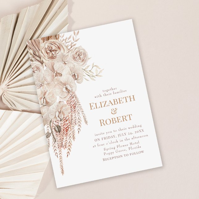 Boho Blush Orquídeas Rosa Convite para Casamento (Boho orchid wedding invitation on dusty rose palm leaves background)