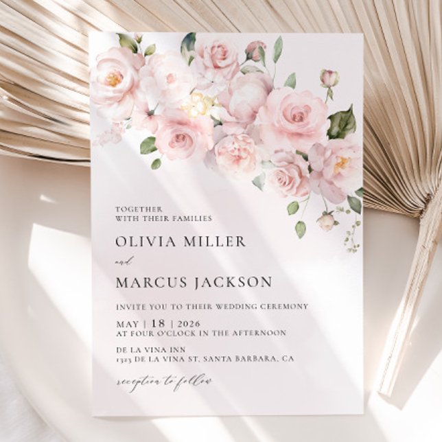 Boho Blush Rosa Rosa Floral Convite Para Casamento (Wedding Invitation Front)