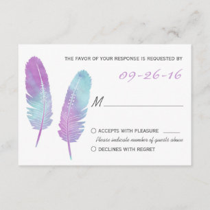 Boho Bohemian Feather Purple e Blue Weding RSVP