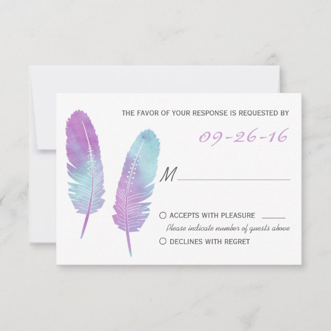 Boho Bohemian Feather Purple e Blue Weding RSVP (Frente)