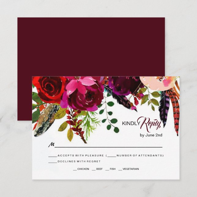 Boho Bold Burgundy Casamento Floral RSVP (Frente/Verso)